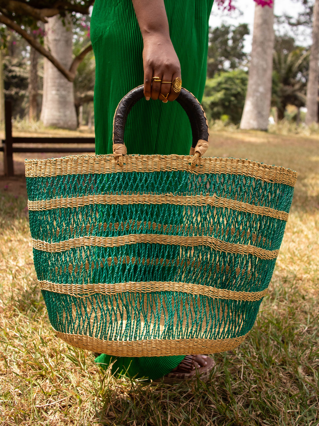 Green Striped Woven Bag