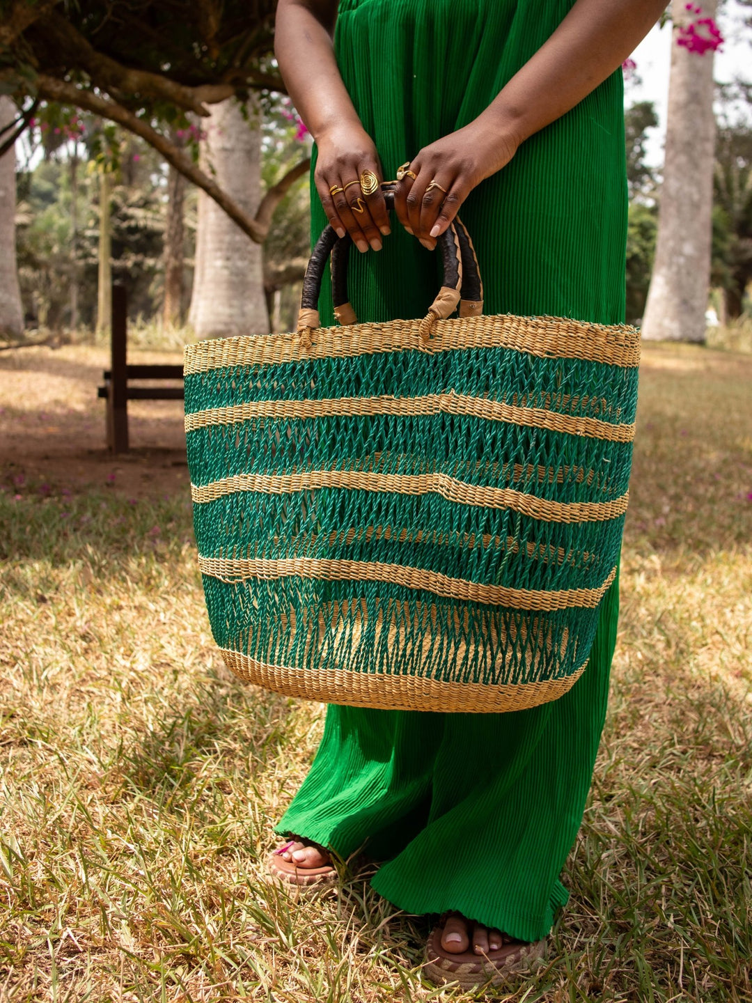 Green Striped Woven Bag - AKINSANYA FASHION