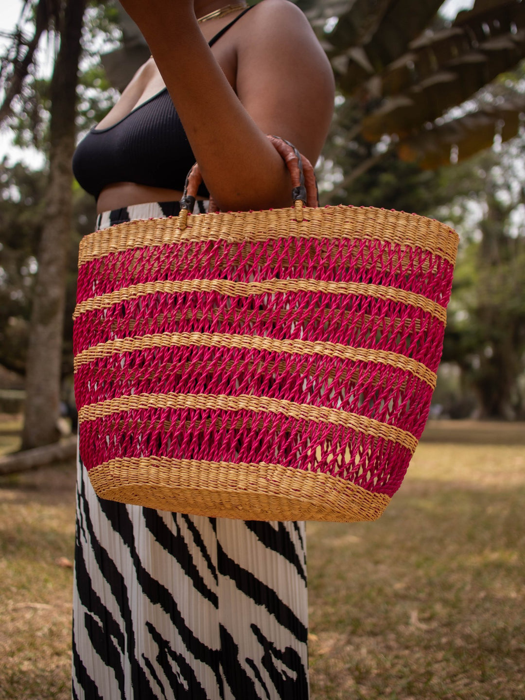 Hot Pink Stripe Woven Bag - AKINSANYA FASHION