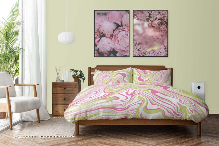 Pink + Lime Marble Green Print Duvet Set - AKINSANYA FASHION